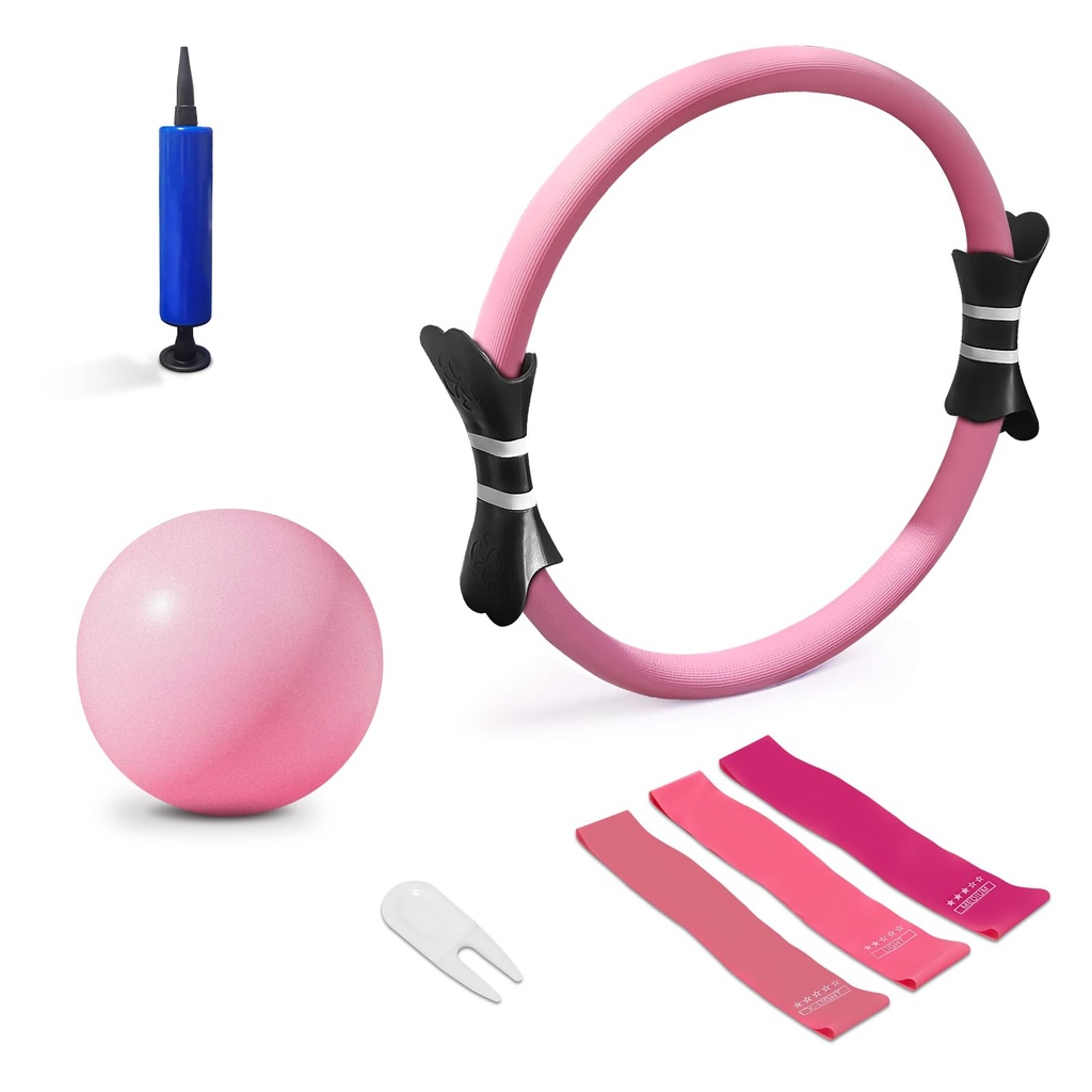 Pilates Ring Set, 14Inch Magic Circle, 9 inch Exercise Ball, 3 Resistance Bands (10/20/30 l