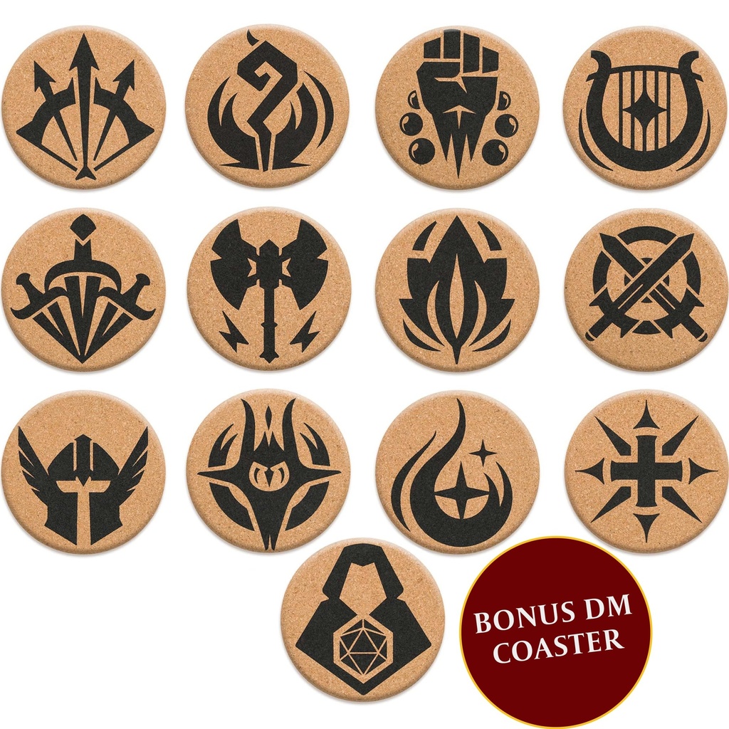 HQ Cork DND Coasters - Set of 12 Class +1 DM Icon Coasters - Great Nerdy Gift for D&D Player