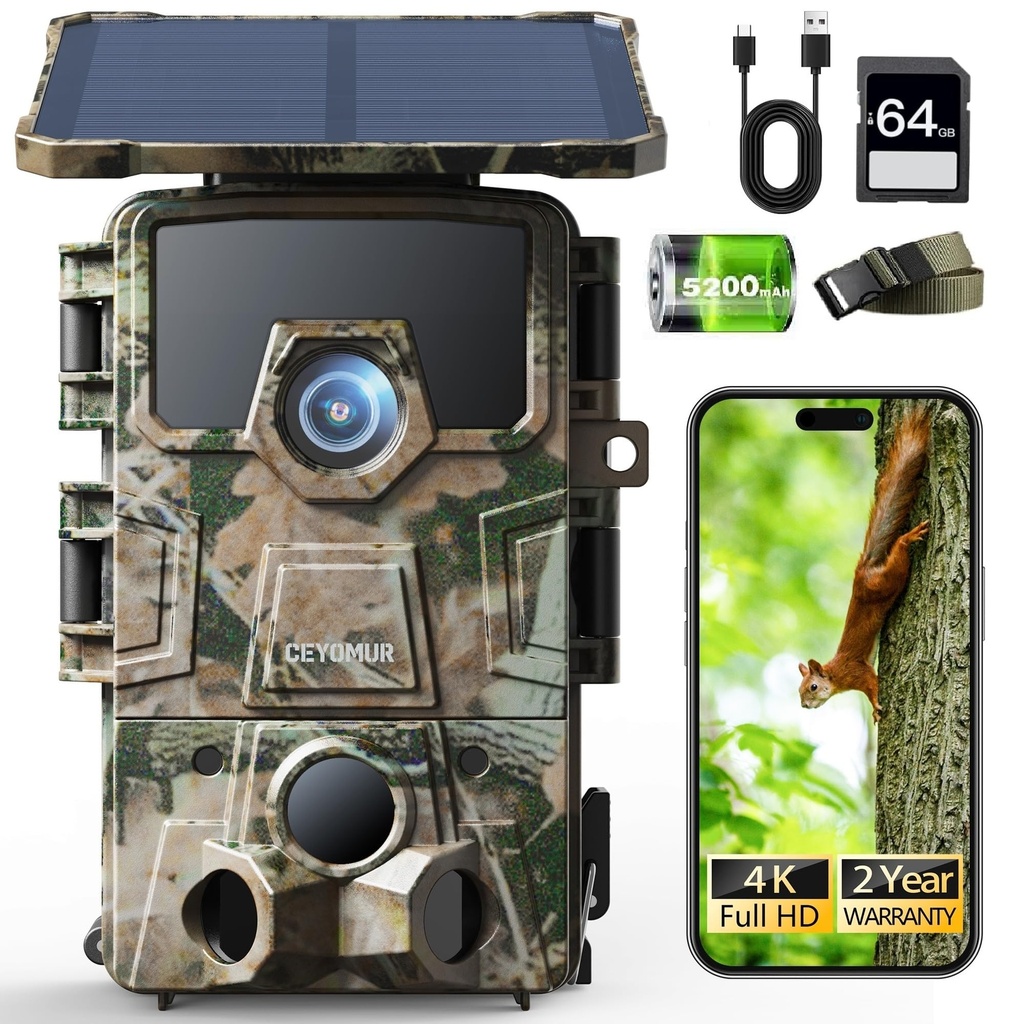 CEYOMUR 4K UHD Solar Wildlife Camera, WiFi 6 Trail Camera with 5200mAh Lithium Battery Rech