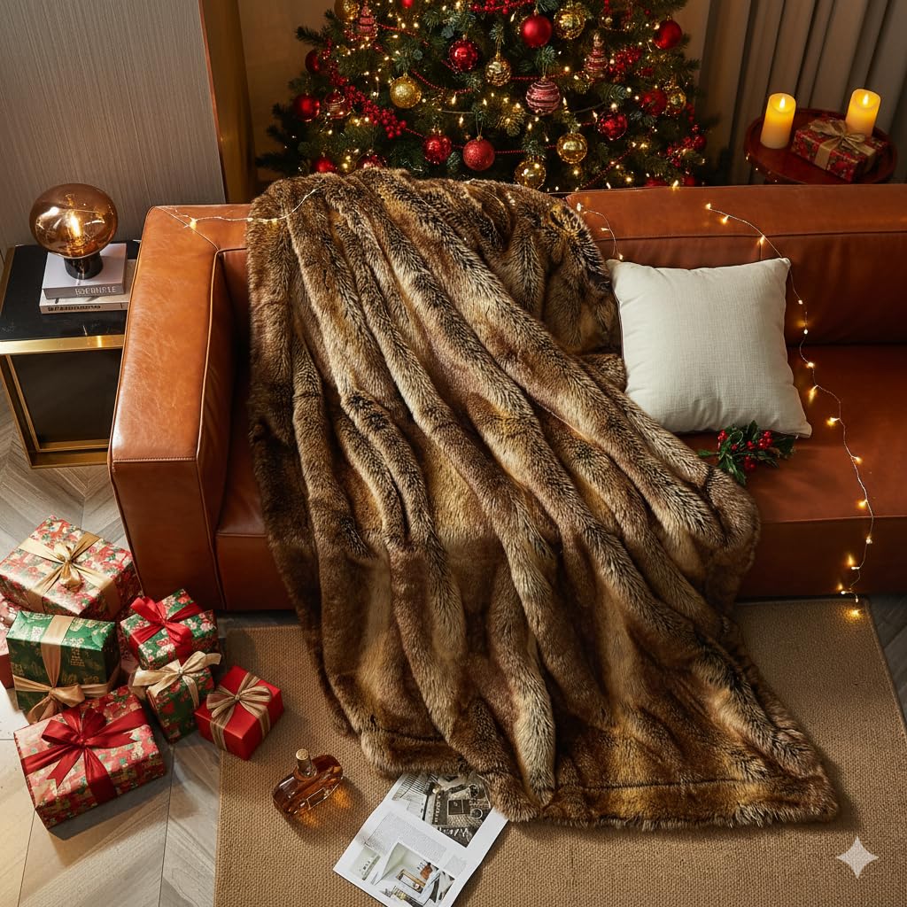 HOMFINE Luxury Faux Fur Throw Blanket - Long Fluff Fuzzy Super Thick Blanket for Sofa, Couc
