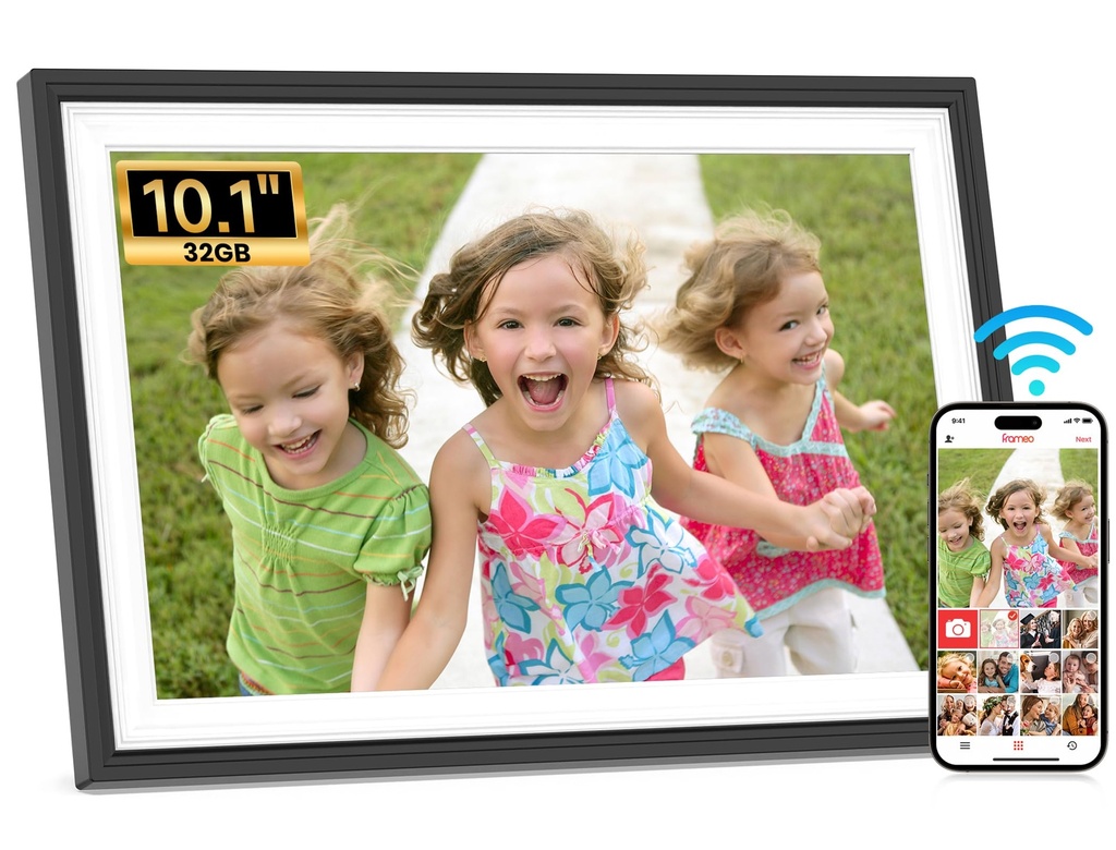 Frameo WiFi Digital Photo Frame 10.1 Inch Black White - 1280x800 HD IPS Touch Screen Picture