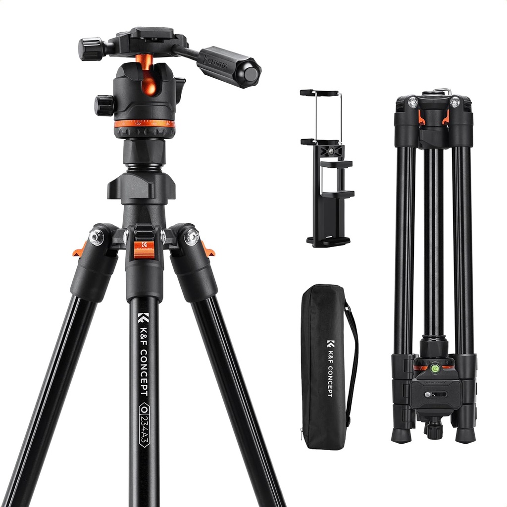 K&F CONCEPT 71"/182cm Camera Tripod with Handle, Aluminum Travel Tripod with Tilt Limiter