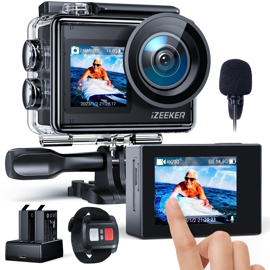iZEEKER Action Camera 4K 24MP, 40M Waterproof Underwater Camera for Snorkeling, Dual Screen