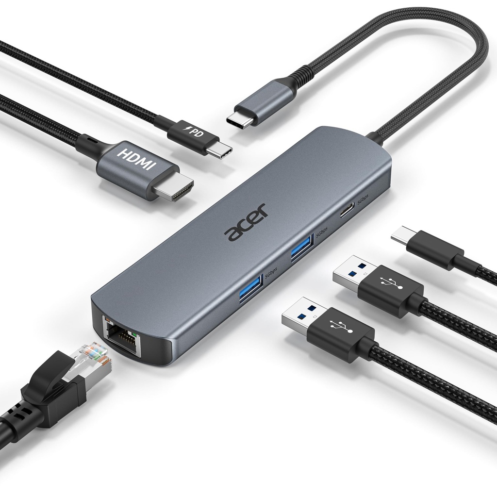 Acer USB C Hub with 1000Mbps Ethernet, 4K@60Hz HDMI, 1ÃƒÂ—USB-C 5Gbps, 2ÃƒÂ—USB-A 3.0, Type