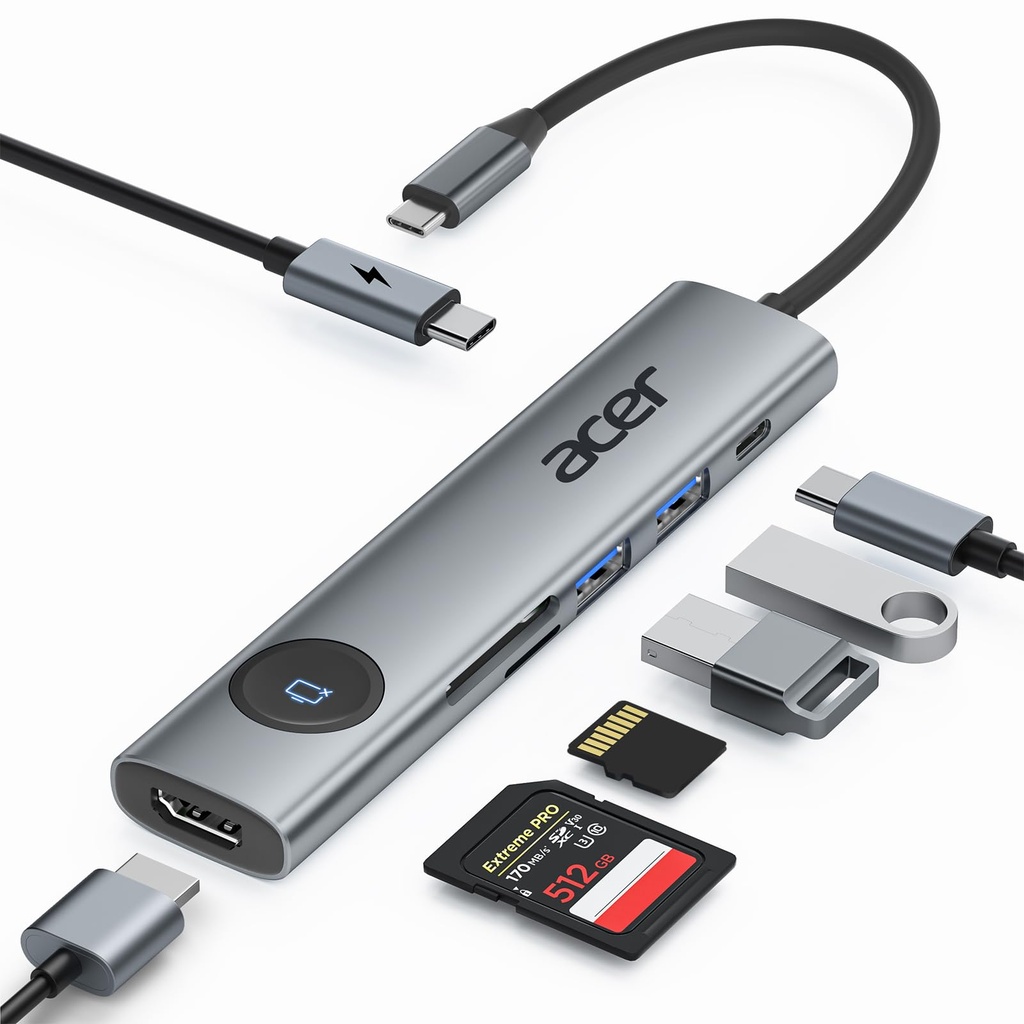 acer USB C Hub, 7-in-1 USB C to HDMI Adapter 4K@60Hz, 2 * 5Gbps USB 3.0 & Type-C Data Port,