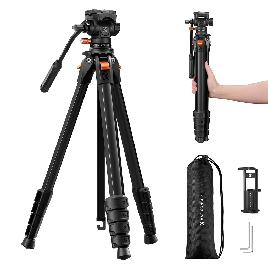 K&F CONCEPT 73Ã¢Â€Â Camera Tripod with Fluid Head, Aluminum Travel Tripod for Video, Smoot