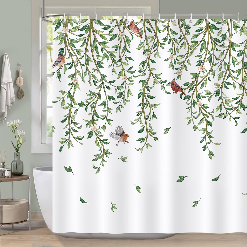COZZSNUGE Green Leaves Birds Shower Curtain, Leaf Bird Flower Plant Botanical Bathroom Curt