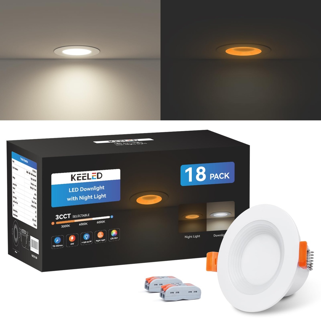 KEELED White Downlight for Ceiling, Recessed Lighting with Night Light, 230V, 6W, 3CCT 3000