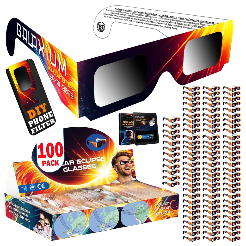 Galaxium 100 Pack Solar Eclipse Glasses 2026 ISO 12312-2 Certified | Approved Sun Eclipse G