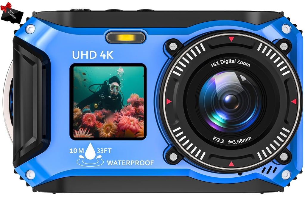 Digital Camera, Yixinxin Underwater Camera 4K 64MP Autofocus Dual-Screen Selfie with 32GB C