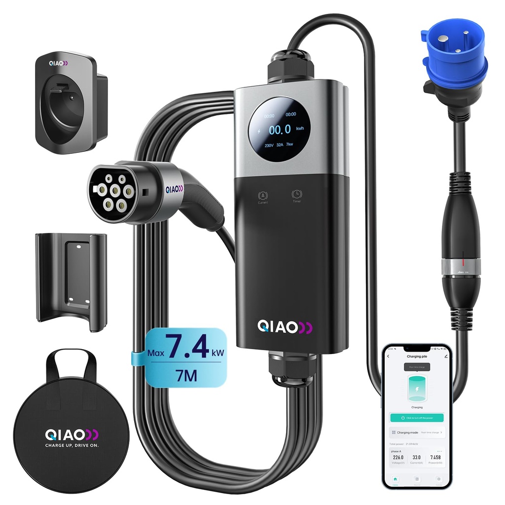 QIAO)) Portable 7.4kW EV Charger Type 2 Smart App, Max. 8-32A 1-Phase 7M Electric Car Charg