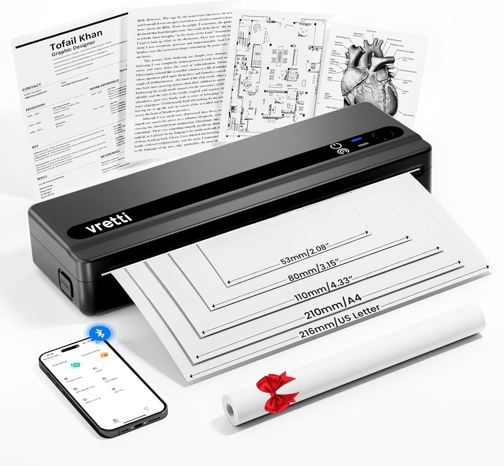 vretti Portable Printer, PB821 Inkless Printer A4, Compatible with Android and iOS, Portabl