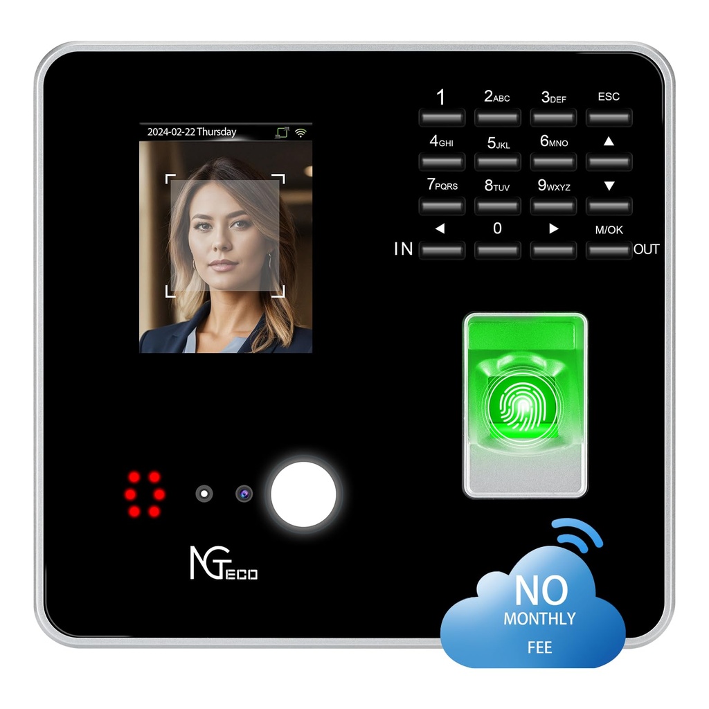 NGTeco TC1 Cloud Clocking in Machine for Employees Small Business with Face, Fingerprint