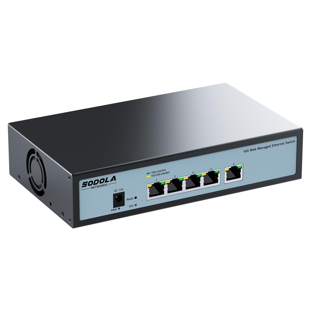 SODOLA 5 Port 10Gb Easy Web Managed Switch, 5X10G RJ45 Ports, Ethernet Splitter, Multi-Giga