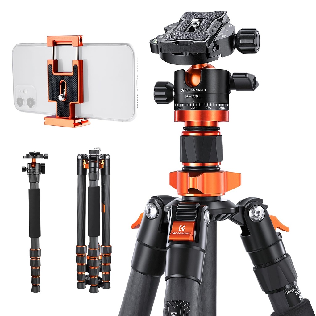 Carbon Fibre Camera Tripod 68"/172cm, K&F CONCEPT Carbon Compact Tripod Monopod with Ball H