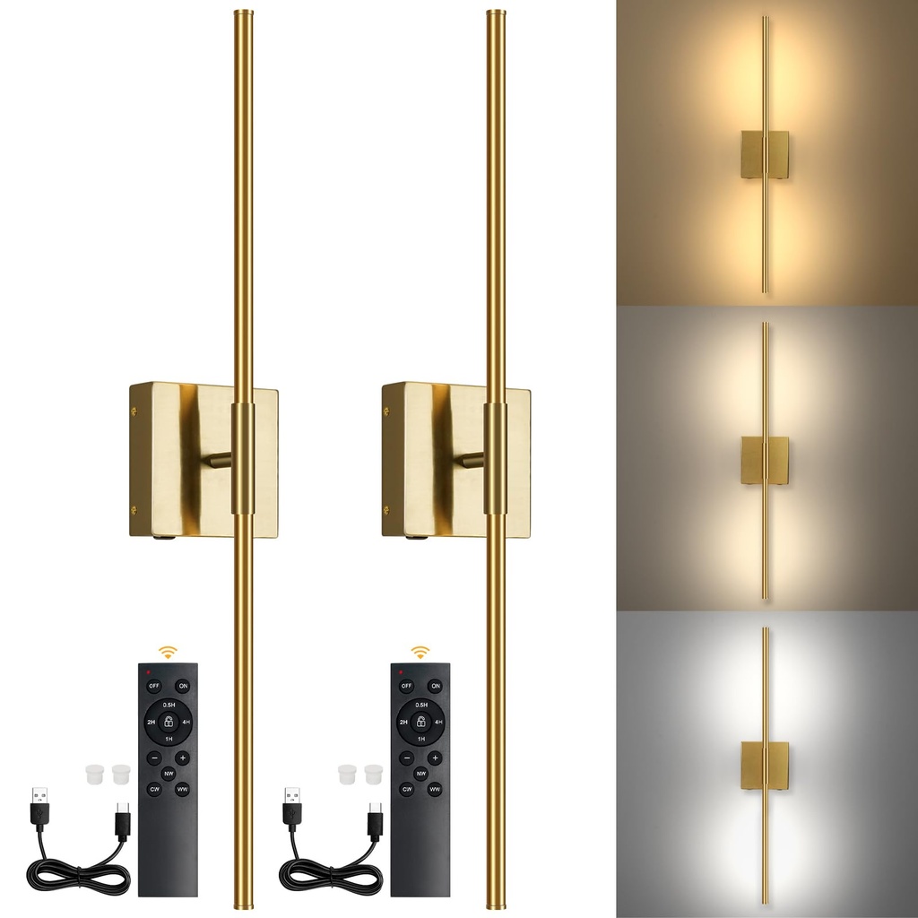 OKELI 2 Pack Rechargeable Wall Lights Gold, Dimmable LED Battery Operated Wall Lights with
