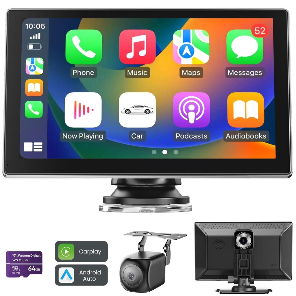 9" Carplay Screen for Car with Apple Car Play & Android Auto, Support 4K Front & 1080P Rear