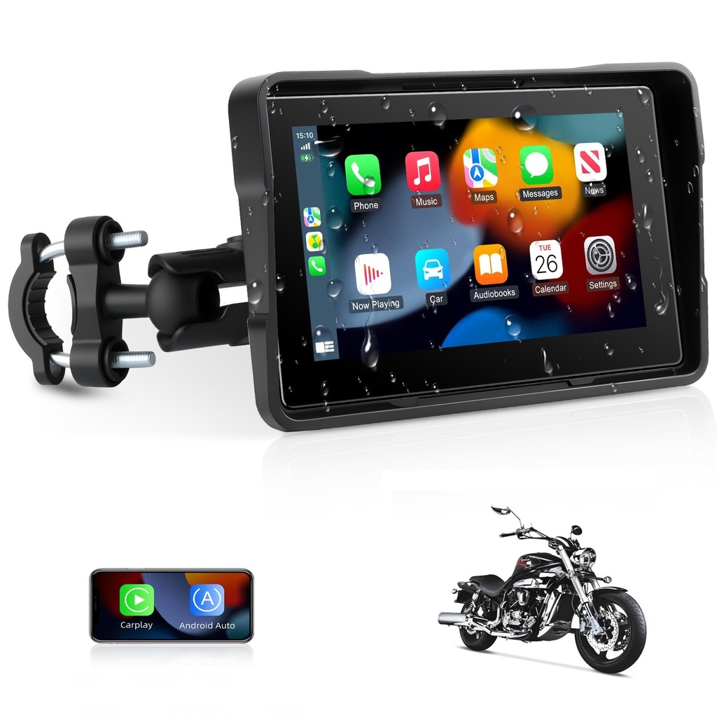 Jansite Motorcycle CarPlay Screen 5 inch Wireless CarPlay Motorbike Android Auto, Dual Blue