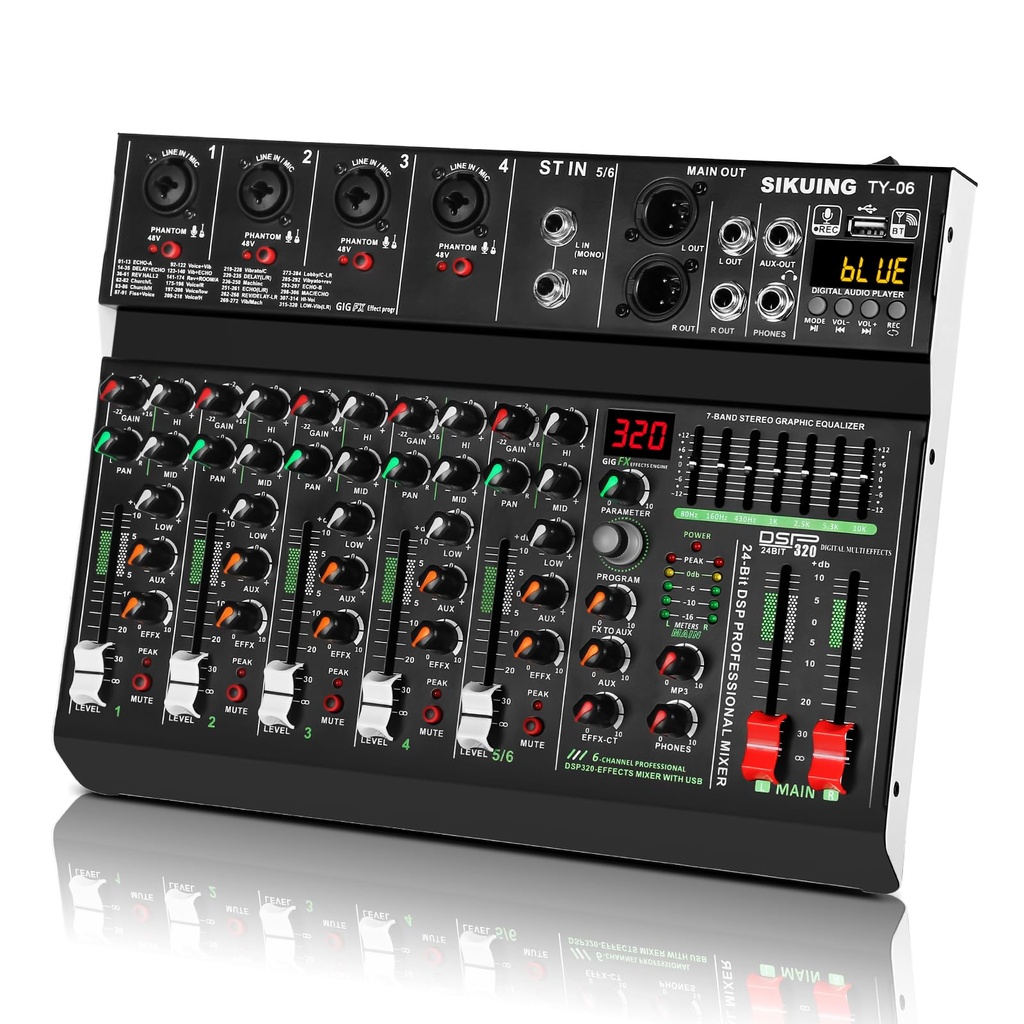 SIKUING 6 Channel Professional Portable Audio Mixer,320 DSP Effects+7-Band Equalizer,Blueto