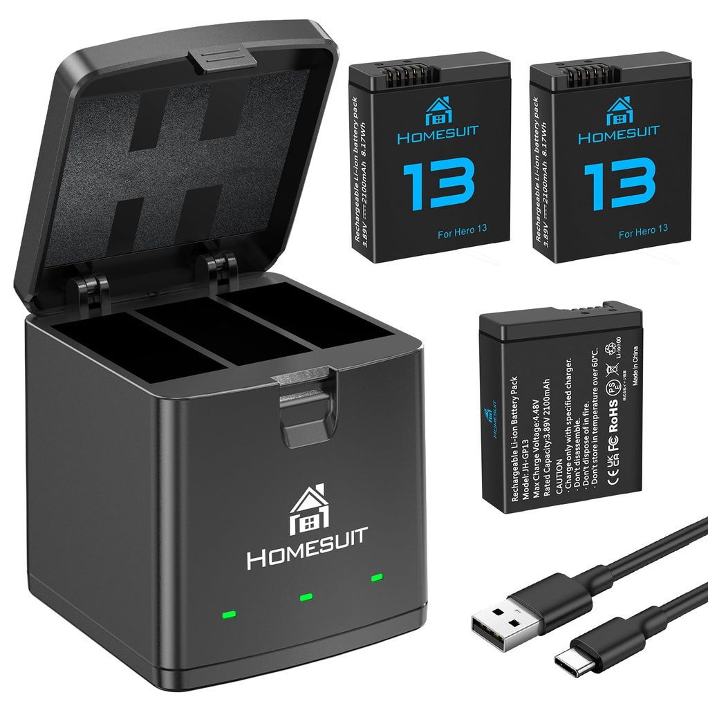 Homesuit Enduro Rechargeable Batteries 2100mAh & 3-Slots Battery Charger for HERO13 Black R