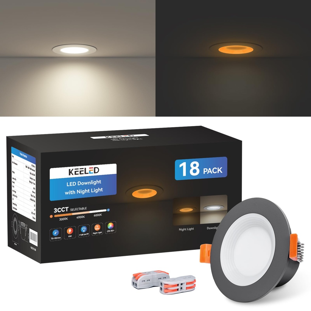KEELED Black Downlight for Ceiling, Recessed Lighting with Night Light, 230V, 6W, 3CCT 3000