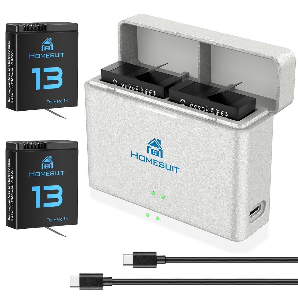 Homesuit Hero 13 Battery 2300mAh and Dual Charge USB LED Charger Kit for Go Pro Hero 13 Bla