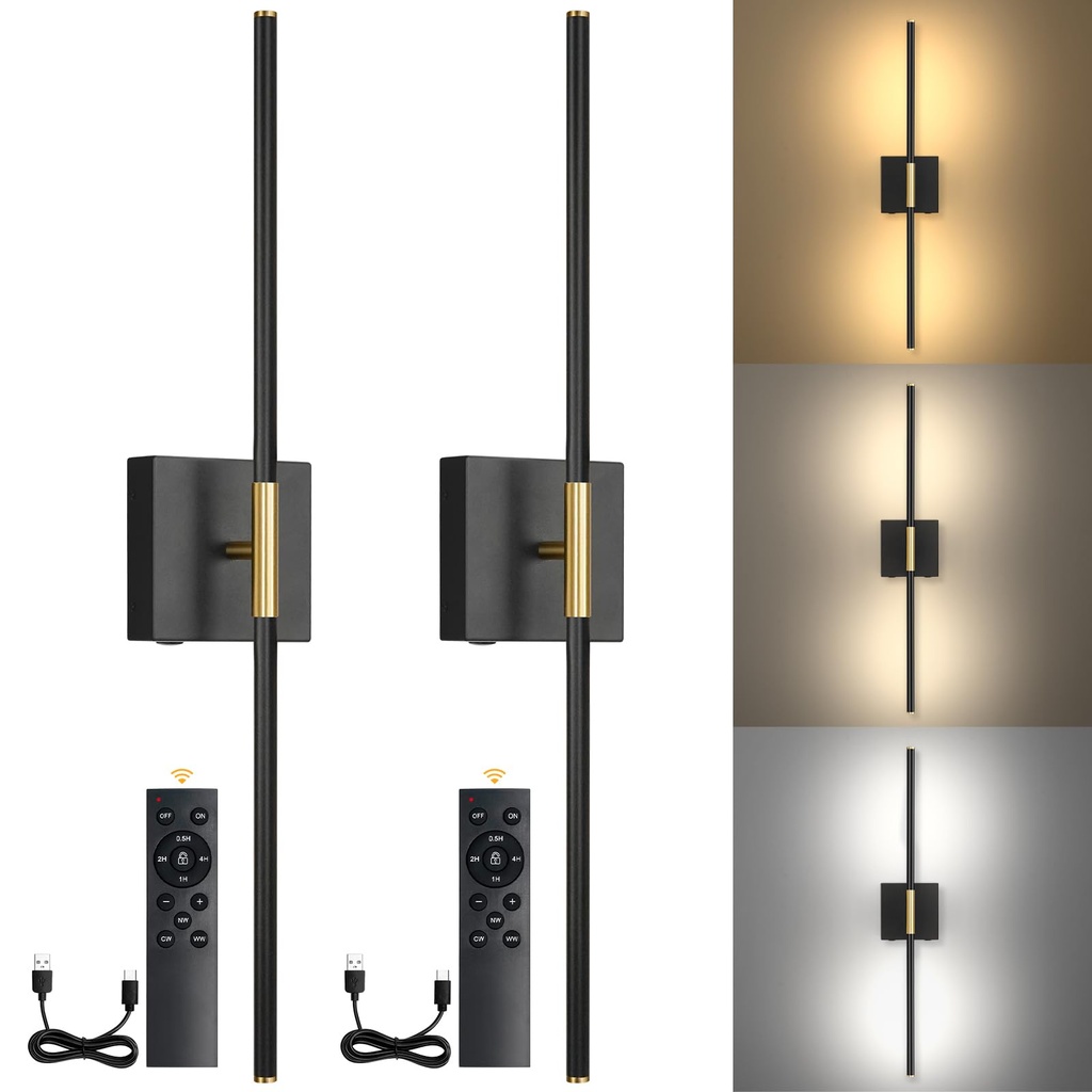 OKELI 2 Pack Rechargeable Wall Lights Black, Dimmable LED Battery Operated Wall Lights 
