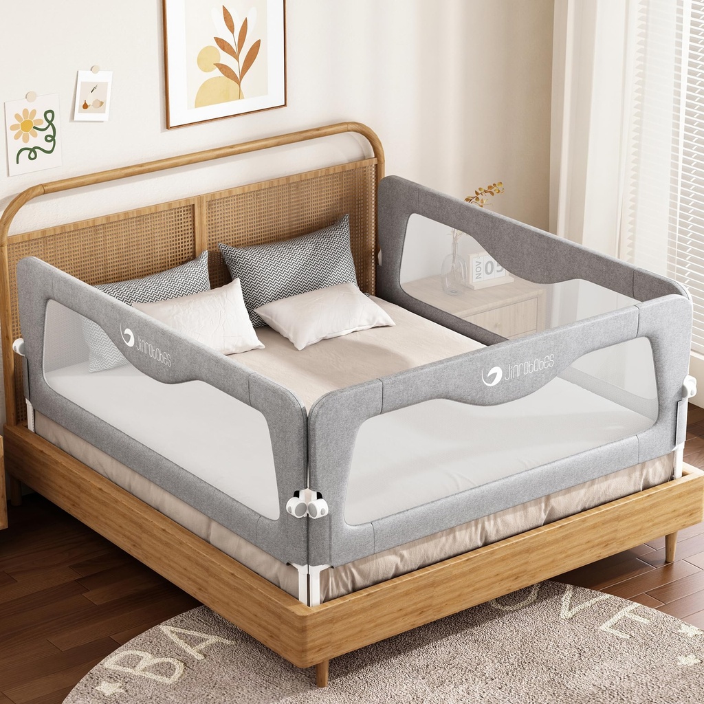 Jinrobabes Toddler Bed Guard, Adjustable Heights & Foldable Bed Rail for Baby Kids (3 pack-