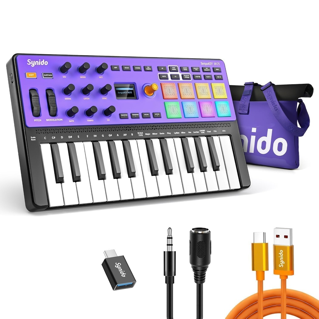 Synido Wireless 25 Keys USB MIDI Keyboard Controller Rechargeable with 8 Drum Pads, OLED Sc