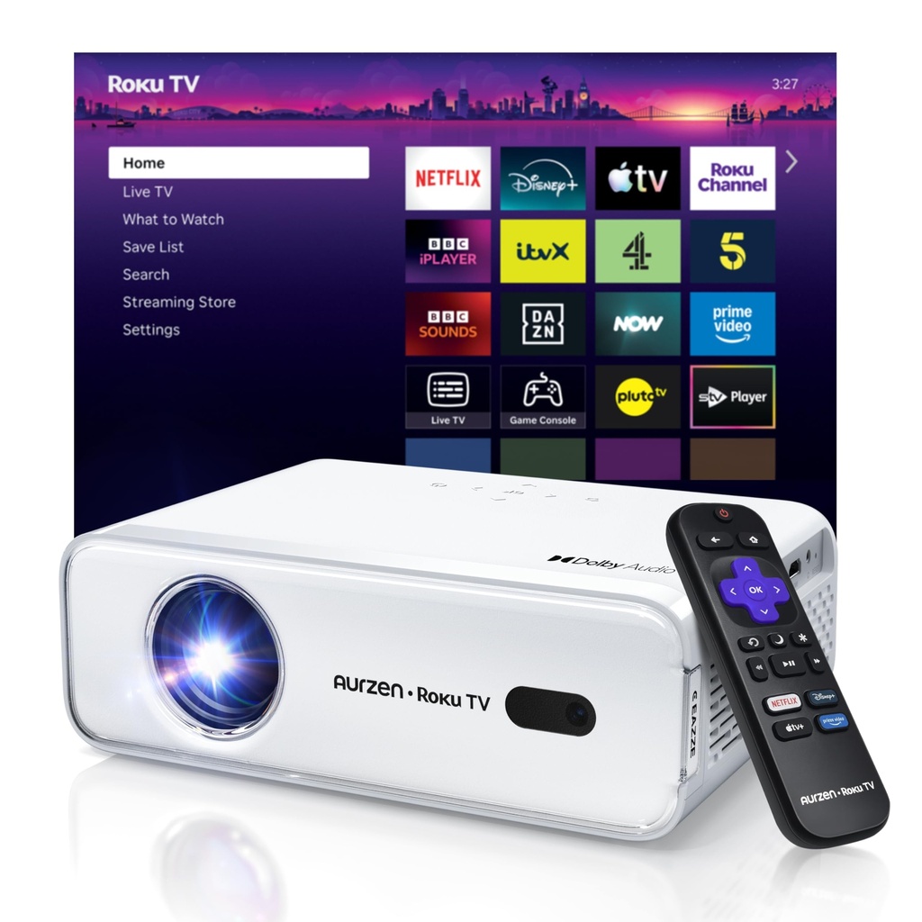 Aurzen Roku TV Smart Projector for Bedroom, Roku Streaming Experience Built-in, 1080P FHD