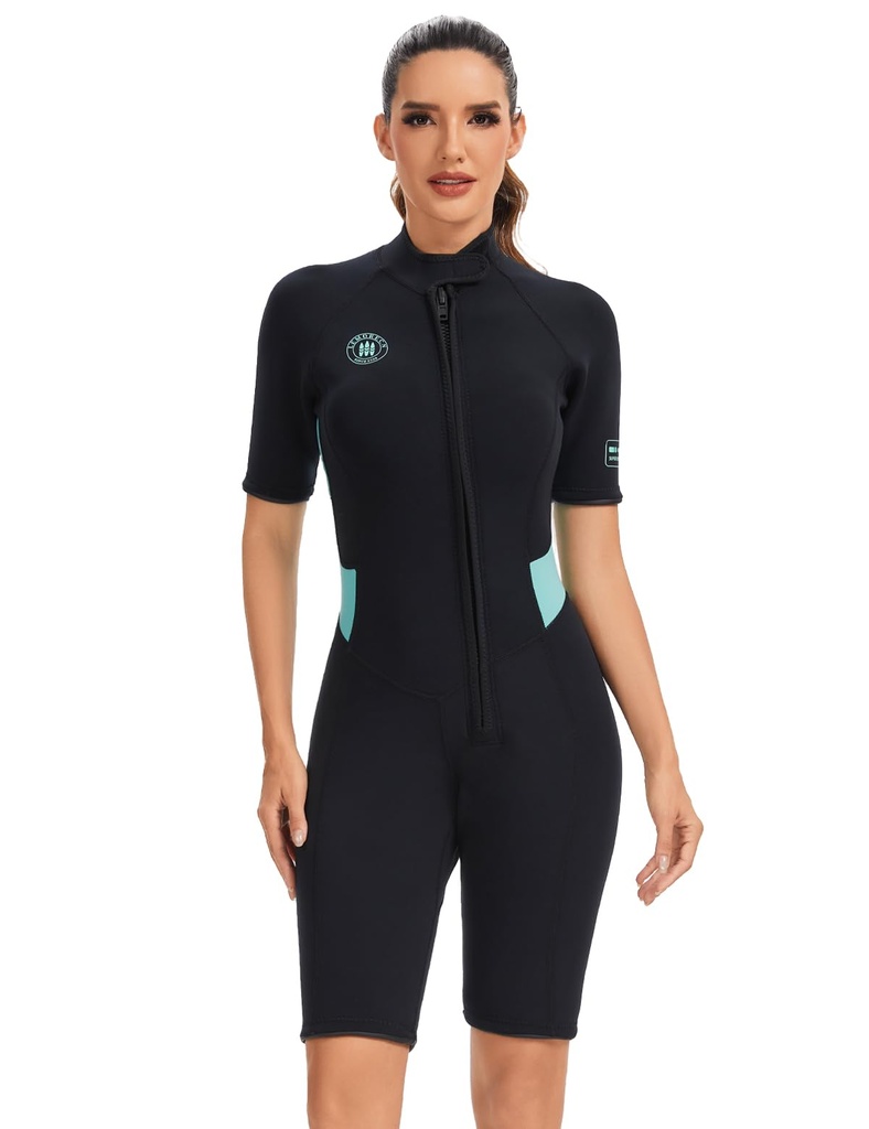 Lemorecn Wetsuits for Women 2mm Shorty Wetsuit Front Zip, GREEN,M