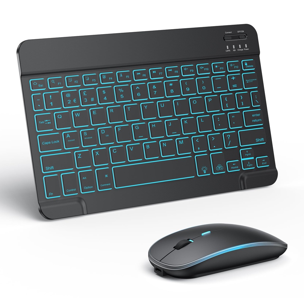 TECURS Bluetooth Keyboard and Mouse Set for iPad, Rechargeable, QWERTY UK Layout, 7-Color B