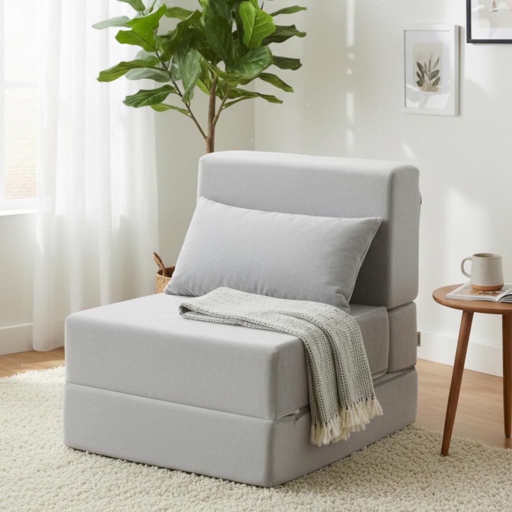 Folding Sofa Bed, Convertible Sleeper Chair with Pillow, Grey, Width:26.7"