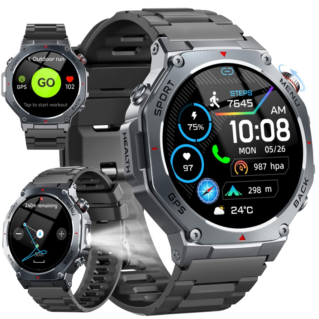 Smart Watch for Men Answer/Make Calls, 1.43" AMOLED Military Smart Watch with GPS/Torch/Com