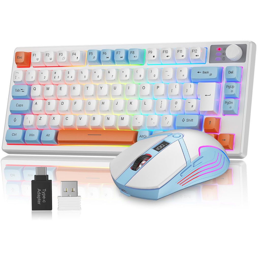 Rewurnth Wireless Keyboard and Mouse Set, 75% Compact UK Layout Gaming Keyboard with Volume