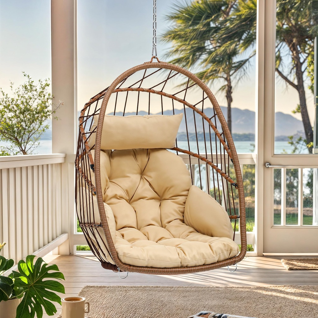 YITAHOME Rattan Swing Chair - Hanging Cushioned Egg Chair in Brown (72cm) Ft. Sturdy Steel