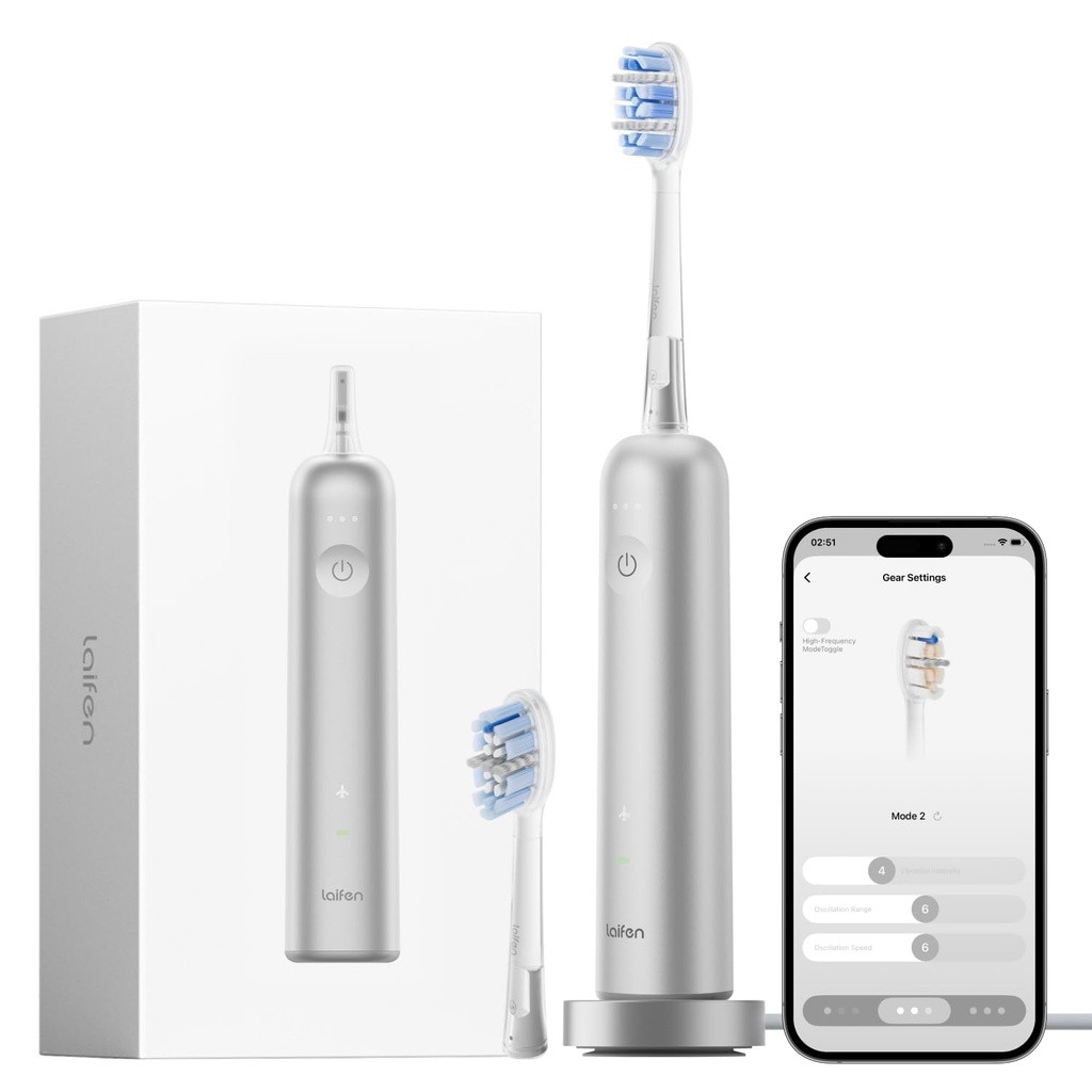 Laifen Wave Pro Electric Toothbrush, 60° WaveMotion, 66,000 VPM, Silver