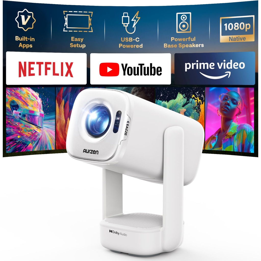 Aurzen D1 Air Portable Projector, Built-in Netflix App, ToF Focus, White