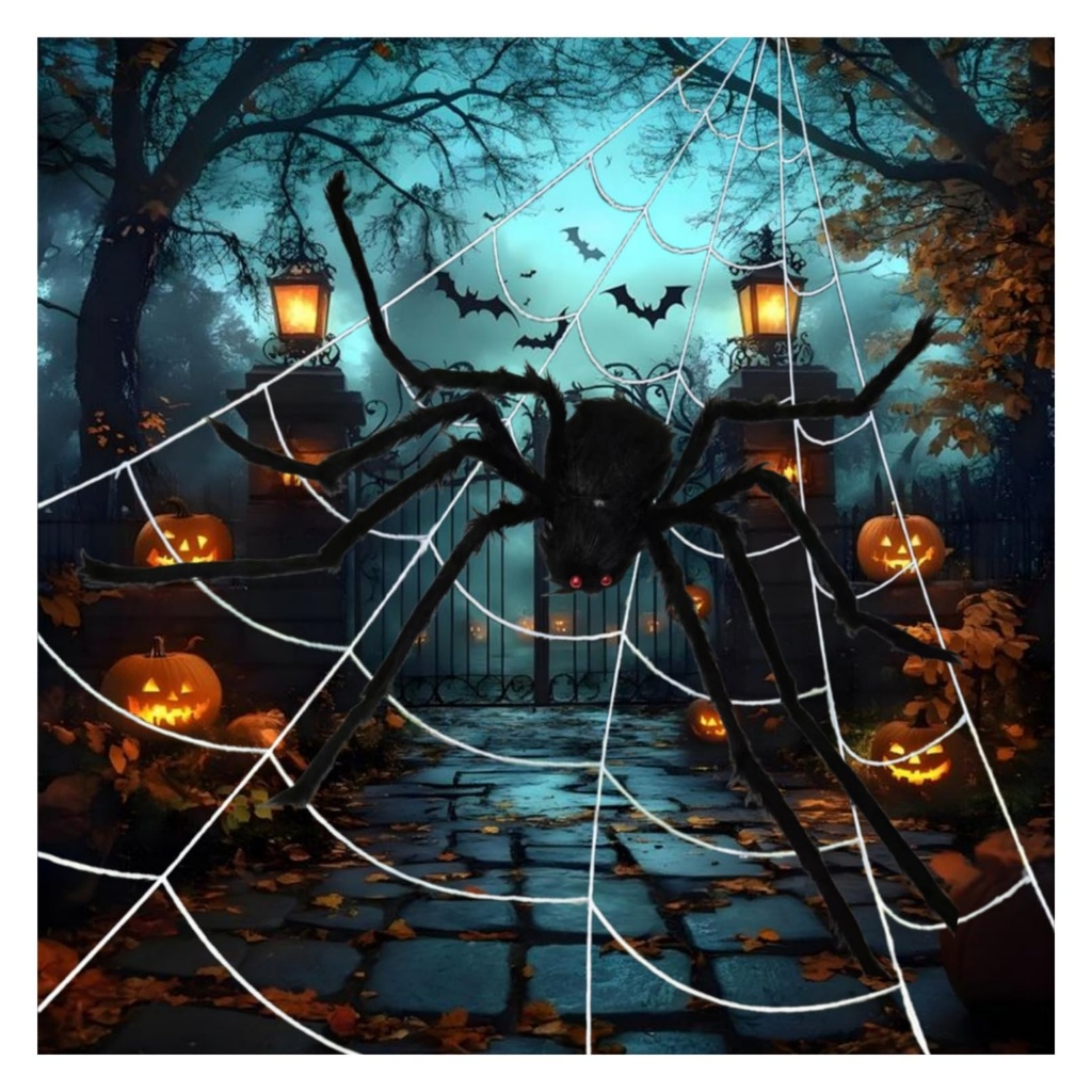 Giant Spider Halloween Decorations Set Ã¢Â€Â“ 50'' Large Hairy Black Spider with 200'' Tria