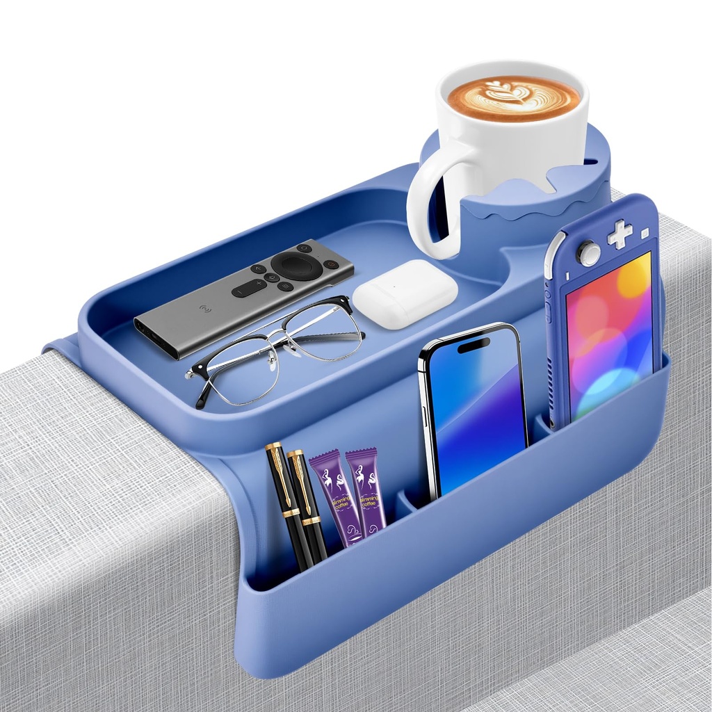 wkyqes Silicone Sofa Armrest Tray with Dual Side Pockets,Anti-Slip Couch Cup Holder for Dri