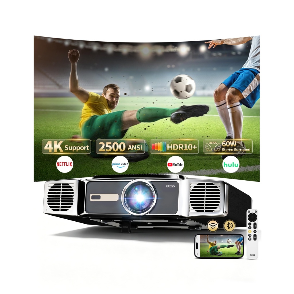 Smart 4K Projector, 2500 ANSI Outdoor Projector for Garden, Bedroom & Home Theater, Native