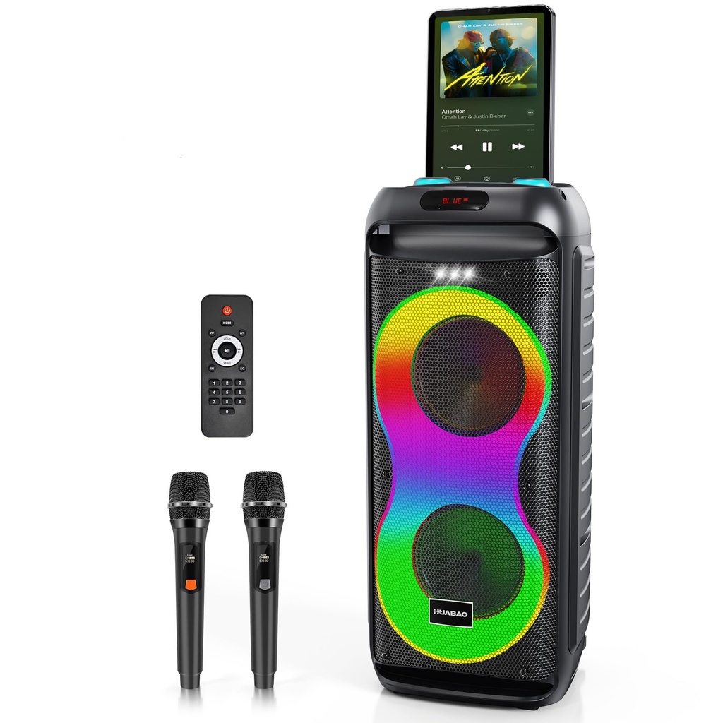 HUABAO Bluetooth Karaoke Speaker with 2 Wireless Microphones Ã¢Â€Â“ 40W Portable PA System