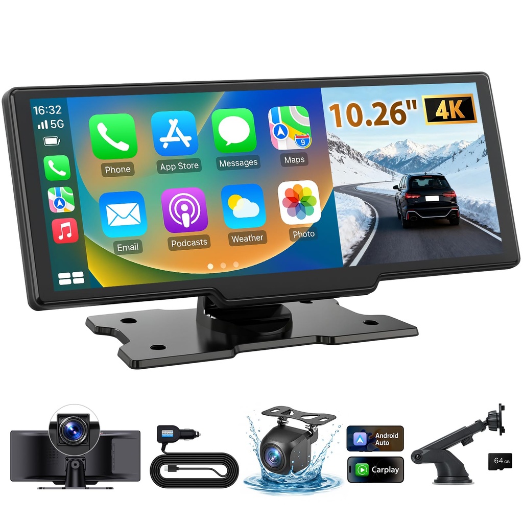 ELECROW 10.26" CarPlay Screen with 4K Dash Cam ADAS