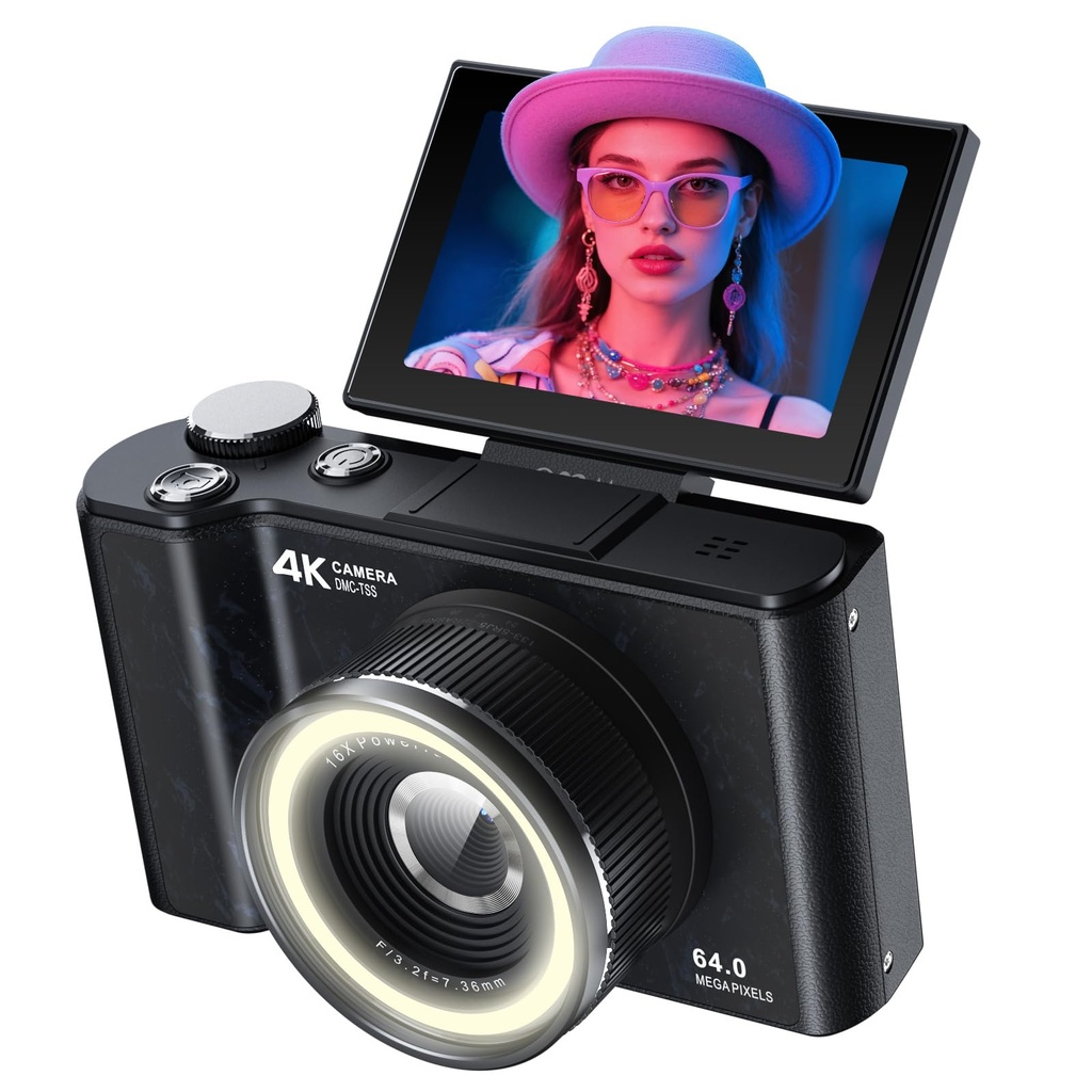 W&O Digital Camera with 180?? Flip Screen & Ring Light,2500mAh Portable 4K Autofocus Vloggi