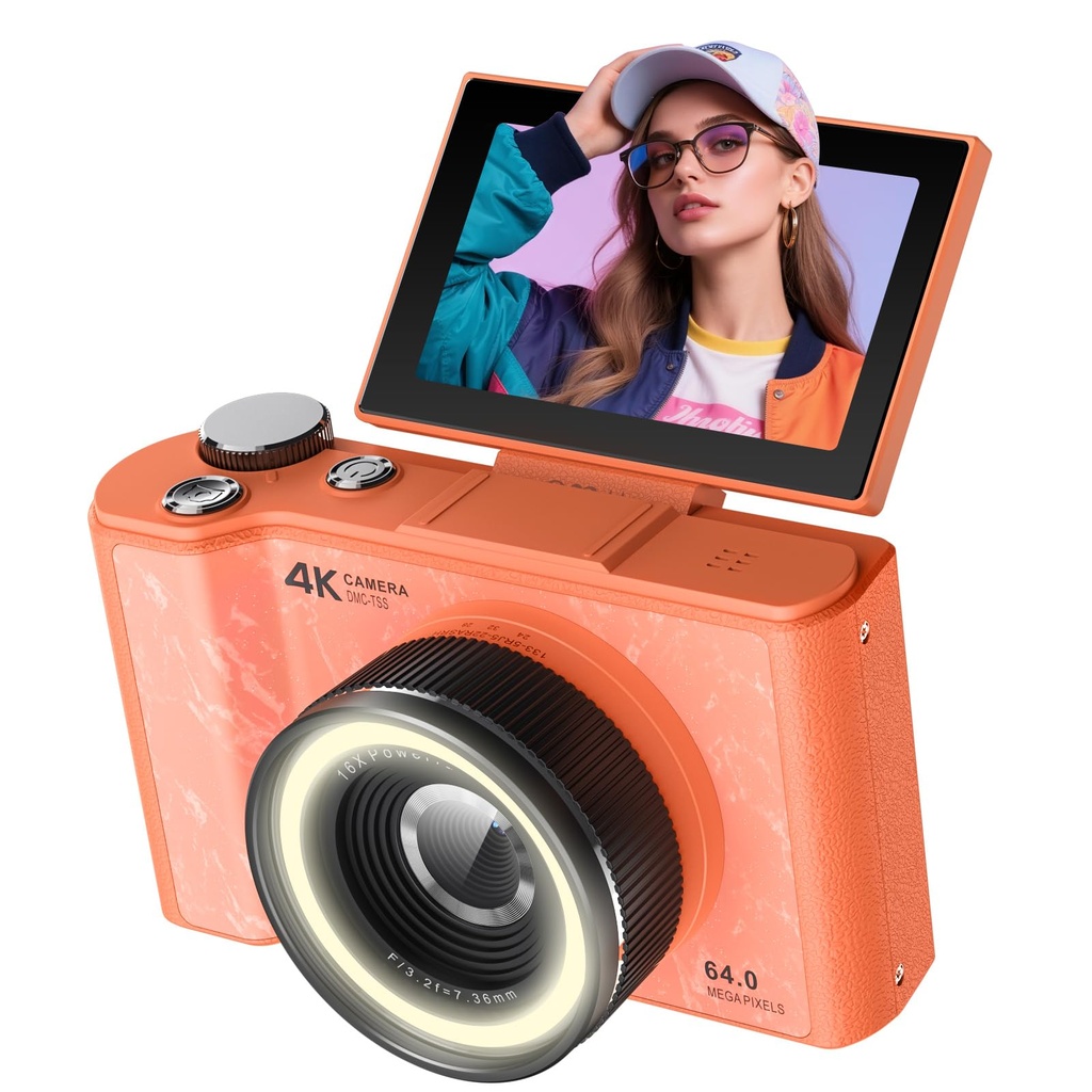 W&O Digital Camera Vlogging Camera with Selfie 3" LCD 180?? Flip Screen, Ring Light, 16X Di