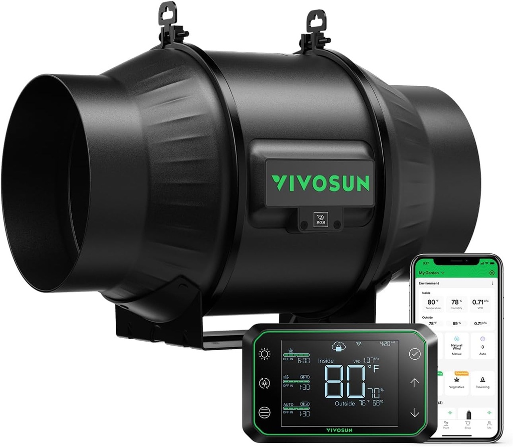 VIVOSUN Inline Duct Fan 6 inch/150 mm & Temperature Humidity Controller E42A WiFi-App Contr