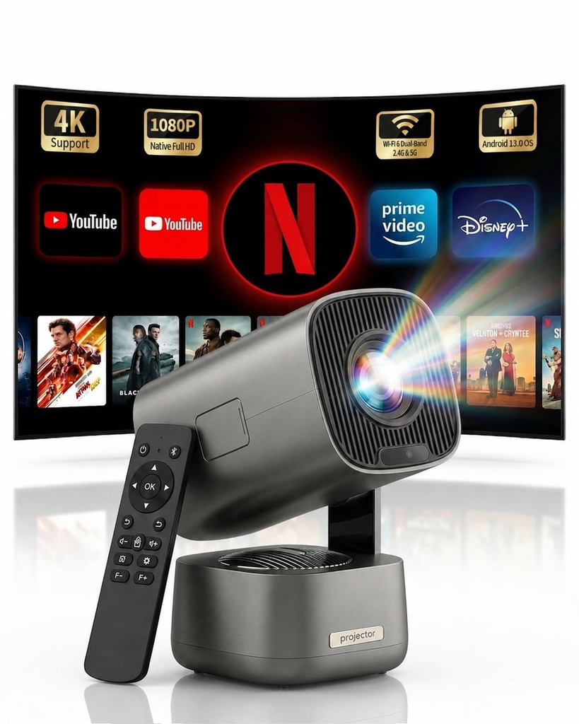 XRQ Native 1080P Projector, 4K Supported, Android 13, Auto Focus