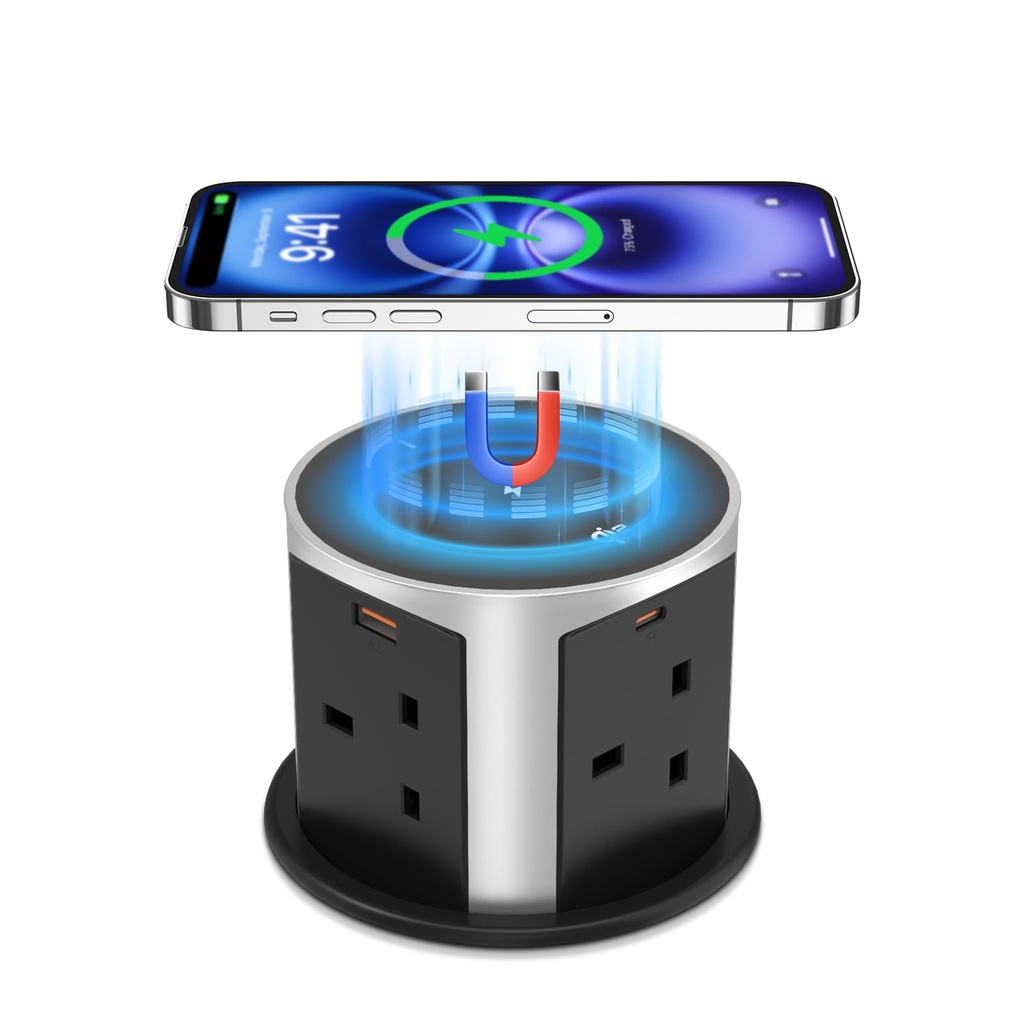 Pop Up Plug Socket with 15W Magnetic Wireless Charger,20W USB C Fast Charging Power Strip,3