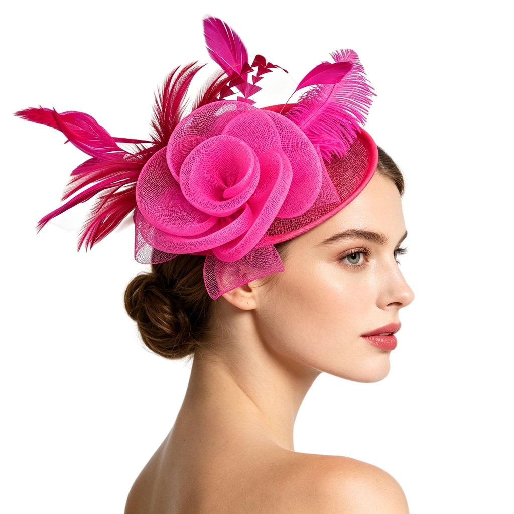 Women Ladies Fascinator Hat Feather Mesh Flower Wedding Party Hat Derby Hat with Clip and H