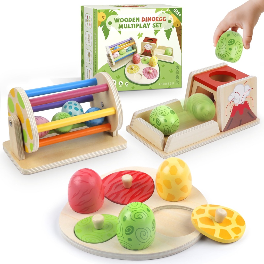 Wooden Montessori Baby Dinosaur Egg Toy Set for 12+ Months, Spinning Drum, Object Permanenc